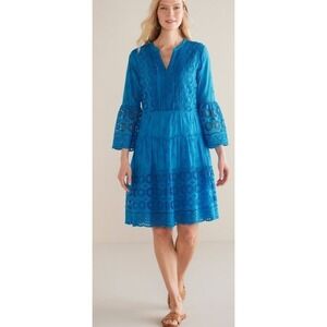 Soft Surroundings Eyelet Tiered Crochet Dress 8P Blue Fairy Cottagecore Boho